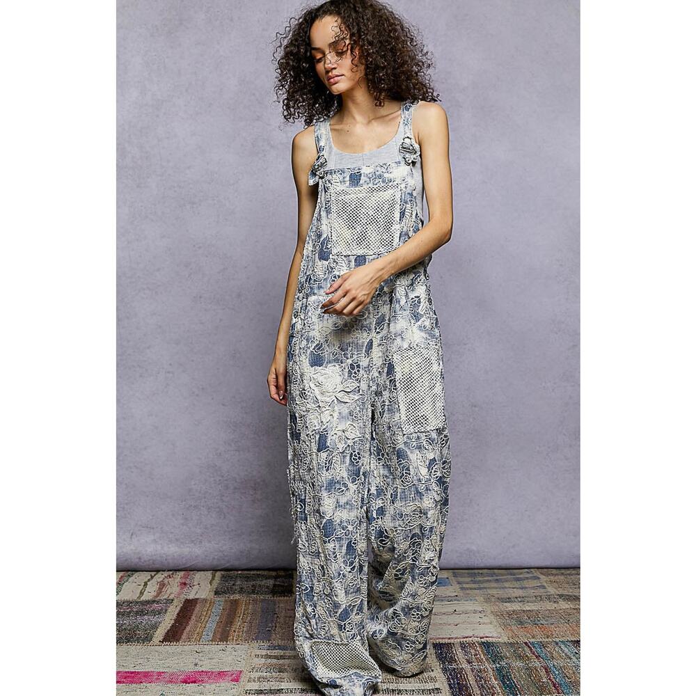 "Daisy Chain" Floral Embroidered Overalls in Blue - Picture 2 of 4